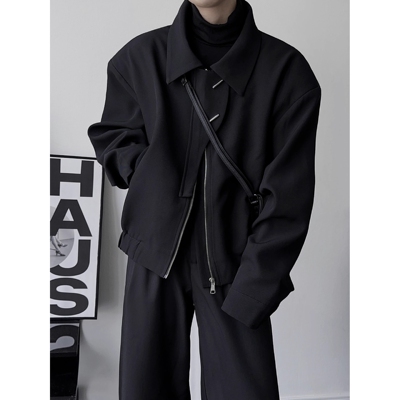 日本品质2025春暗黑设计感宽肩飞行夹克男女简约翻领长袖时髦短款