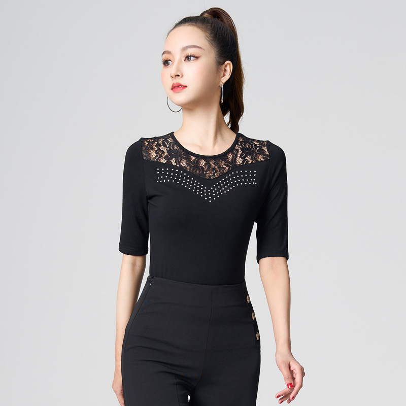 日本品质拉丁舞上衣女新款蕾丝摩登舞服练功成人国标烫钻时尚舞衣
