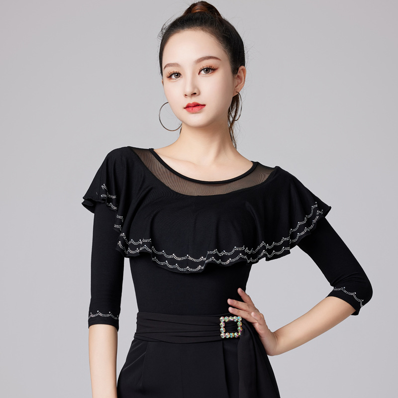 日本品质拉丁舞上衣女新款摩登舞练功服飘逸荷叶边舞衣中袖国标舞