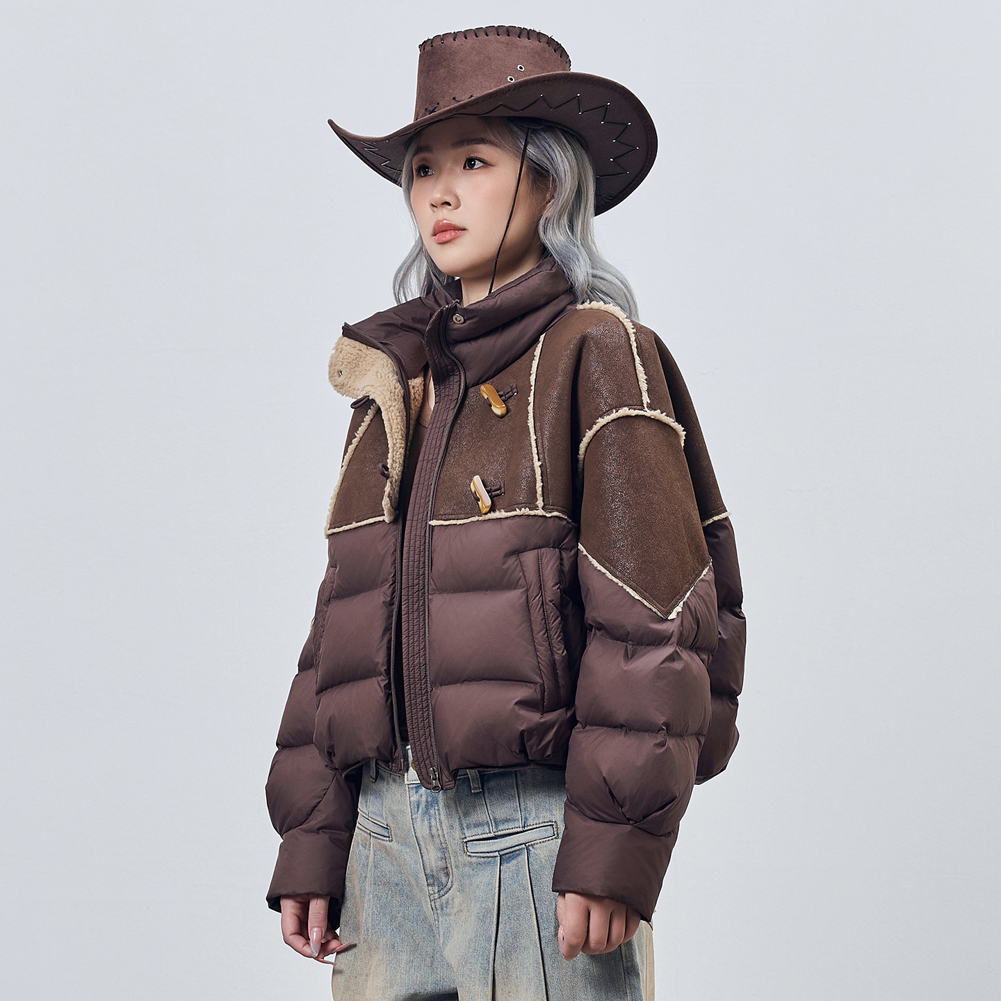 朗曼笛美拉德拼接羽绒服女短款立领宽松复古外套2025冬新款上衣服