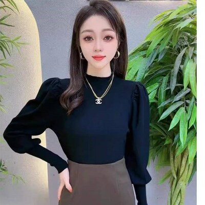 法式半高领针织衫女秋冬长袖修身显瘦毛衣内搭洋派泡泡袖打底上衣