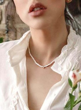 珍珠项链锁骨链淡水天然同款女气质小颈链钟楚曦轻奢复古高级感叠