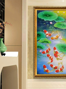 好货新中式手绘玄关油画走廊过道挂画牡丹花九鱼图竖版装饰画别墅