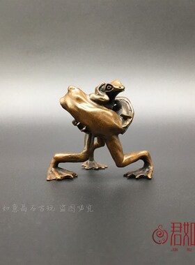 好货复古包浆铜摔跤小青蛙文玩小笔架 实心铜两只青蛙小摆件 铜小