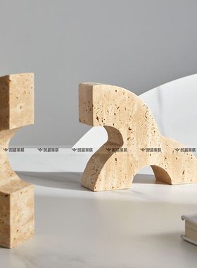 现代简约黄洞石几何书档摆件样板间装饰品书房办公室大理石书靠