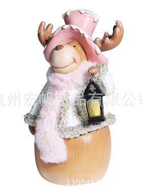 粉色可爱麋鹿耶诞老人摆件创意家俱耶诞节日桌面带灯小鸟装饰品