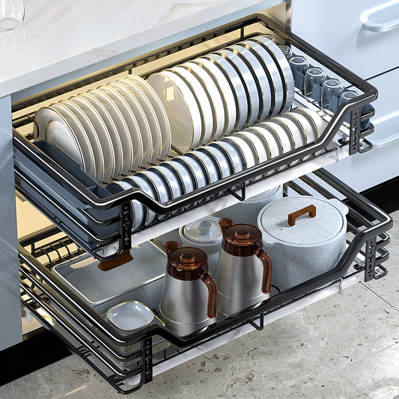 双层调味碗碟拉篮厨房整体橱柜柜内304不锈钢内置收纳碗架抽屉式