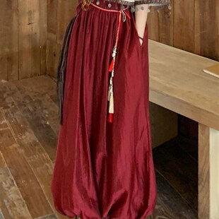 新品红色灯笼裤汉服改良宋裤新中式禅意裤子女高腰宽松哈伦裤夏季