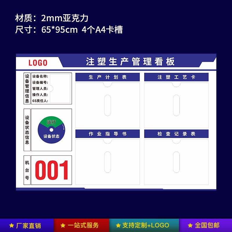 注塑工厂生产车间标识牌看板公示栏压克力卡槽设备运行状态管理维