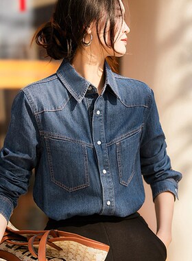 香港TIMO小个子深蓝色牛仔衬衫女复古水洗休闲衬衣秋冬春叠穿外套