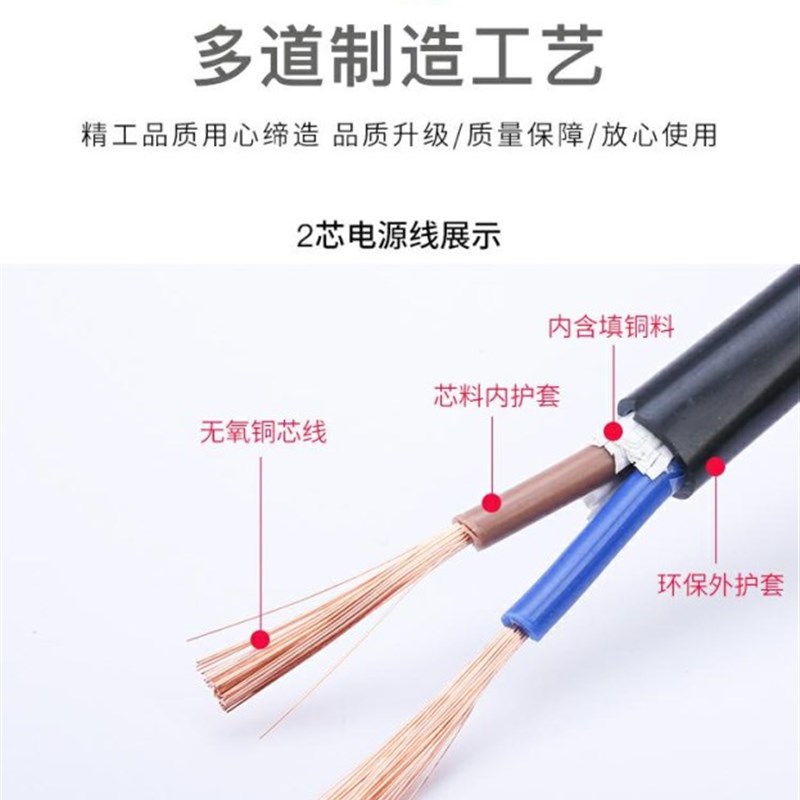 国标纯铜电线rvv2芯0.5x1.0 1.5 2.5护套线监控电源线200米盘包邮