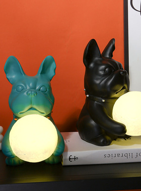 树脂斗牛犬小夜灯月球灯入户家居客厅茶几装饰品工艺品摆饰乔