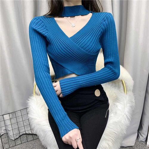 极速Sexy V-neck Hollow Sweater Pullover Women All-Match Long