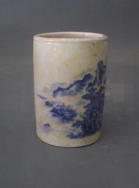特价清光绪青花山水风景图笔筒收纳装饰文M房摆件仿古做旧收藏古