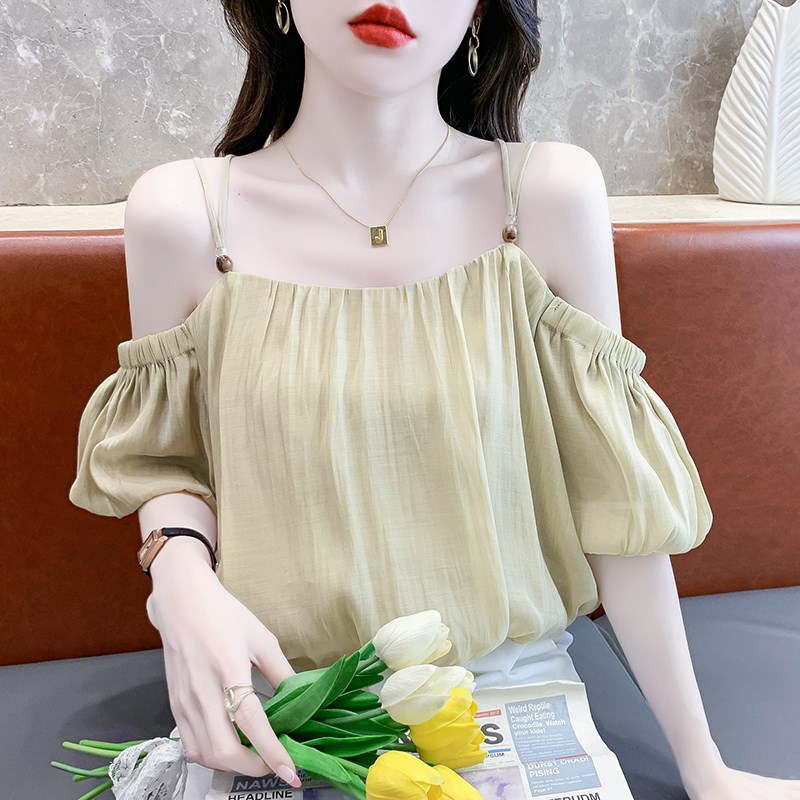 性感露肩一字领吊带雪纺衫女夏装新款宽松显瘦泡泡短袖衬衫上衣服