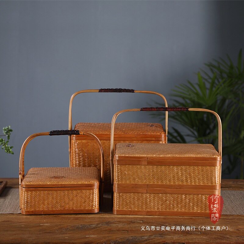手工竹编藤编提篮中式食盒茶点盘茶具手提点心篮子竹篮收纳筐双层
