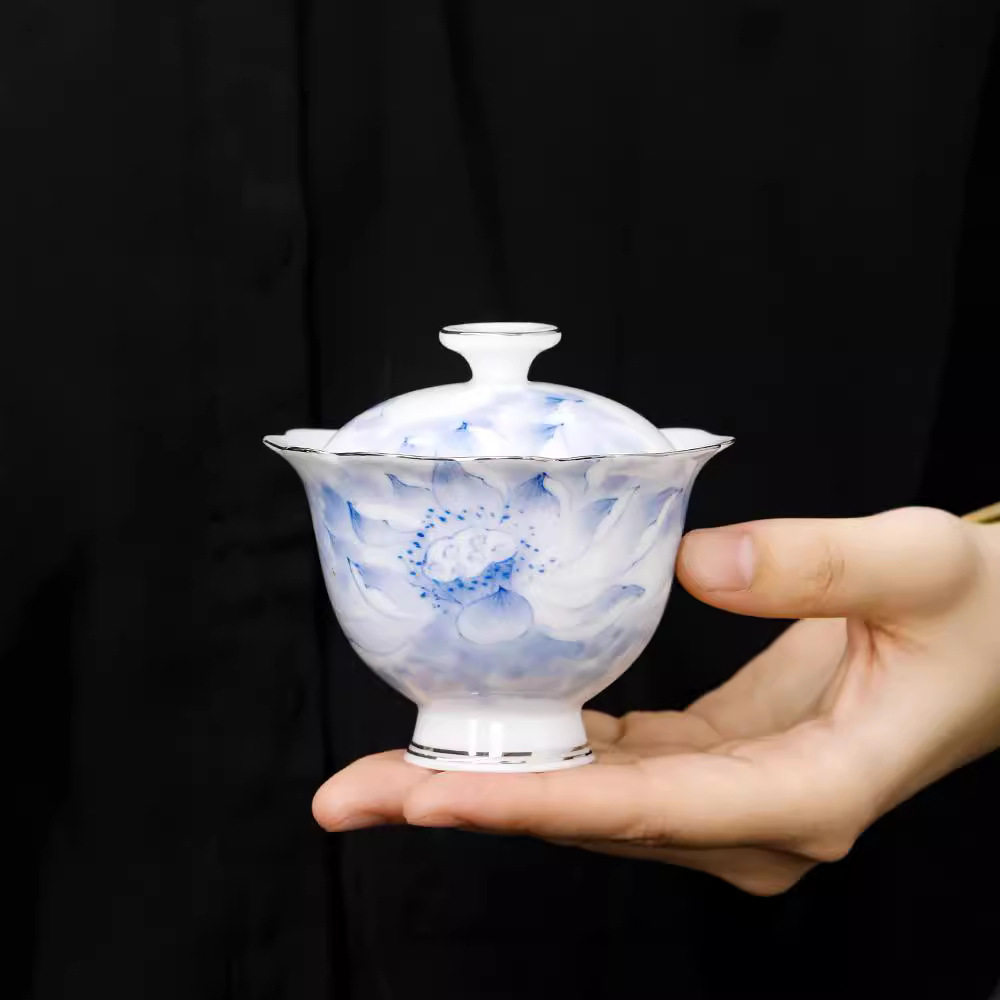 念云居陶瓷手绘荷韵高脚盖碗茶杯单个家用泡茶碗带盖丁制泡茶器