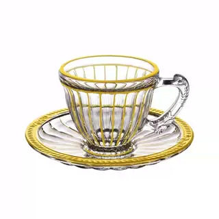 欧式条纹玻璃制品透明茶杯餐厅橱柜摆件奢华杯碟咖啡杯套装下午茶