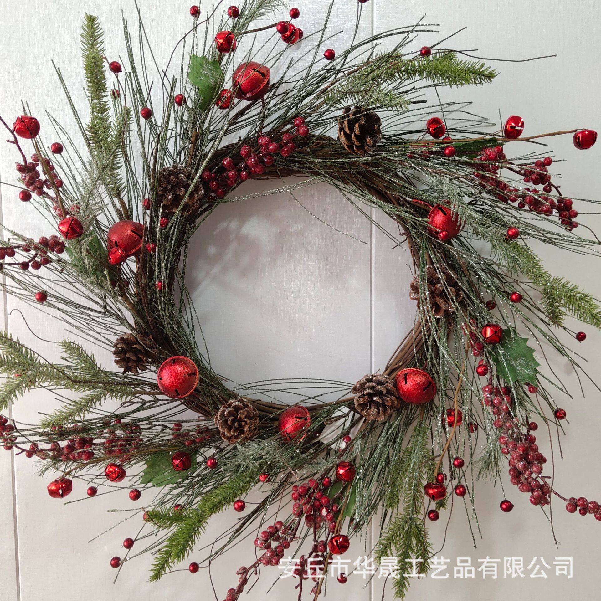 pvc仿真圣诞花环门挂 圣诞家居挂饰壁挂花环 新年仿真红浆果草环
