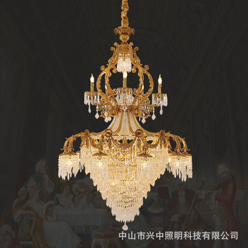 法式全铜客厅水晶吊灯欧式复式楼大厅脱蜡复古灯饰奢华大气别墅灯