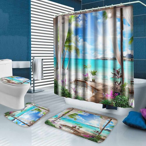 好货Modern 3D Printing Beach Scenery Shower Curtain Summer