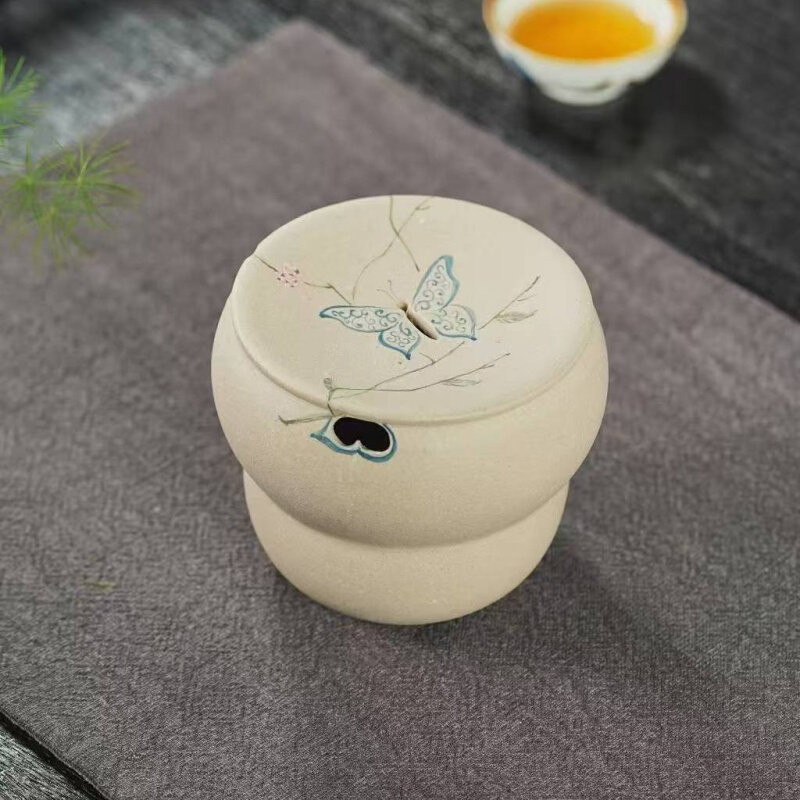 宜兴原矿白段紫砂建水壶承可储水文人雅器手工泥绘蝴蝶壶承茶具