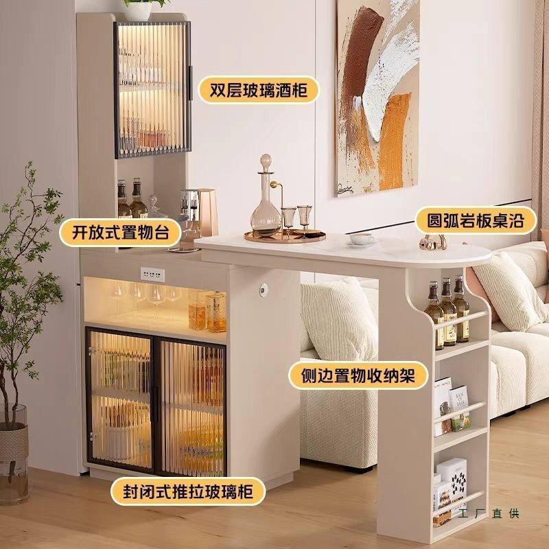 吧台隔断柜客厅抽拉式沙发旁吧台复古黑色收纳柜餐边柜带餐桌绢花