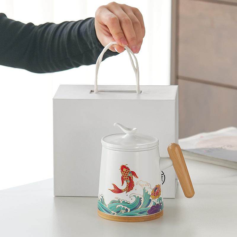 国潮陶瓷杯家用办公茶杯带盖水杯商务礼品杯子套装陶瓷马克杯