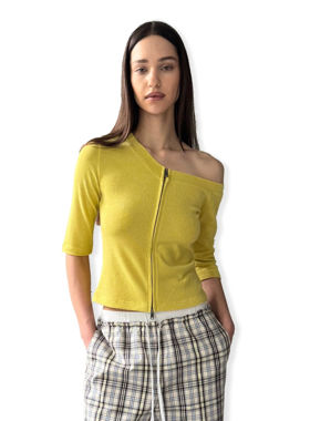 Two little guys*斜襟露肩7分袖金属双拉链头开衫