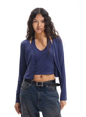 Two little guys*天丝弹力挂脖长袖开衫T恤两件套