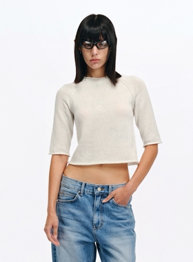 Two little guys*高知感亚麻棉干爽透气自然卷边短款针织中袖T恤