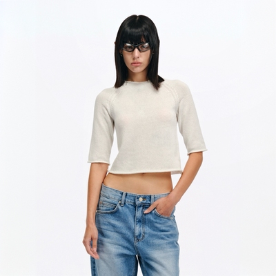 Two little guys*高知感亚麻棉干爽透气自然卷边短款针织中袖T恤