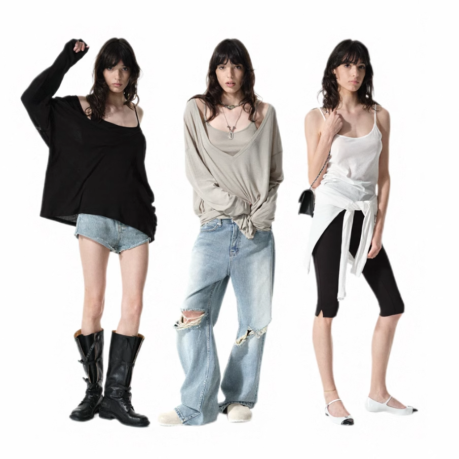 Two little guys*夏日慵懒天丝麻感百搭吊带背心V领长袖T恤两件套