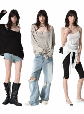 Two little guys*夏日慵懒天丝麻感百搭吊带背心V领长袖T恤两件套