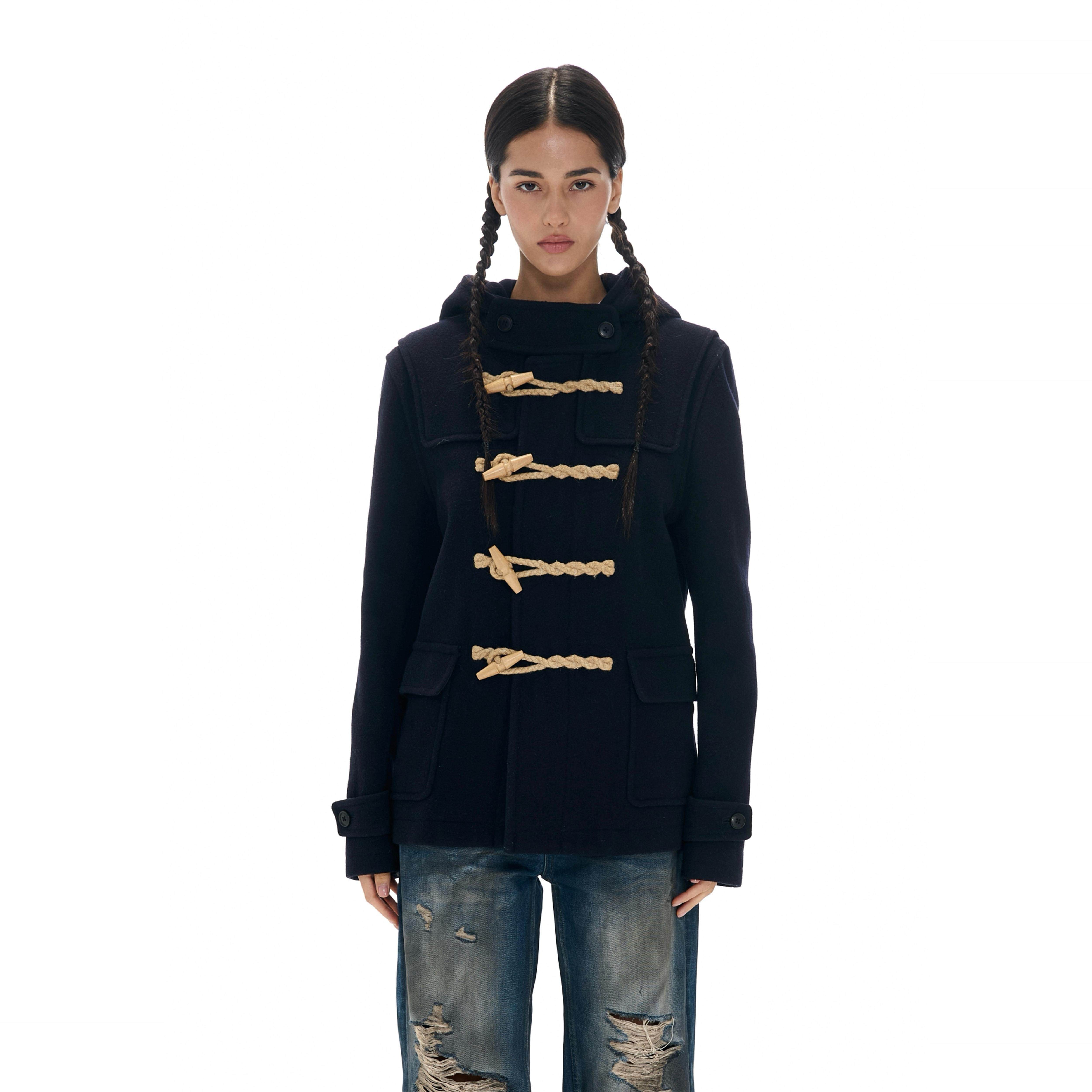 Two little guys*木质牛角扣麻绳手工编织连帽羊毛呢夹棉外套