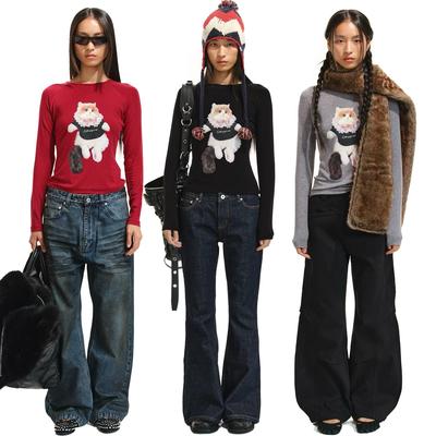 长袖T恤天丝羊毛伯爵猫咪印花