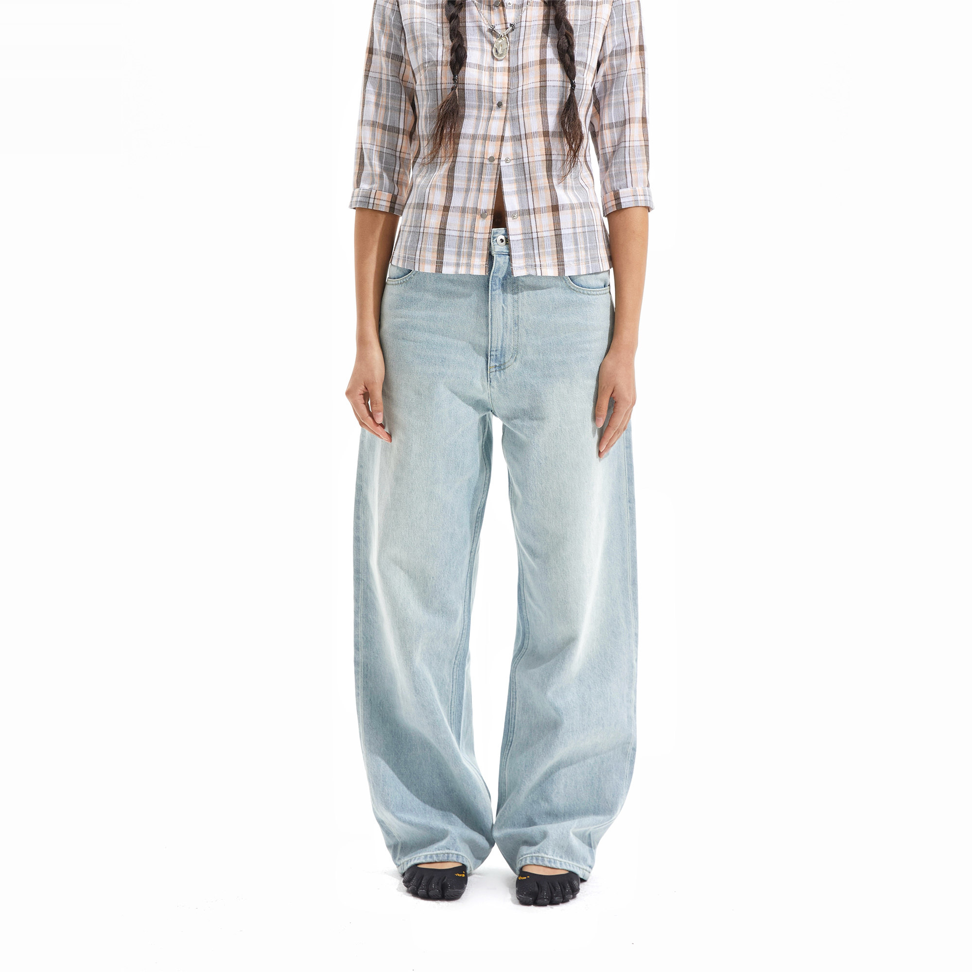 Two little guys*粉笔蓝落色复古宽松直筒工装牛仔裤