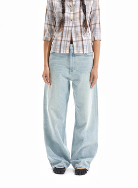 Two little guys*粉笔蓝落色复古宽松直筒工装牛仔裤