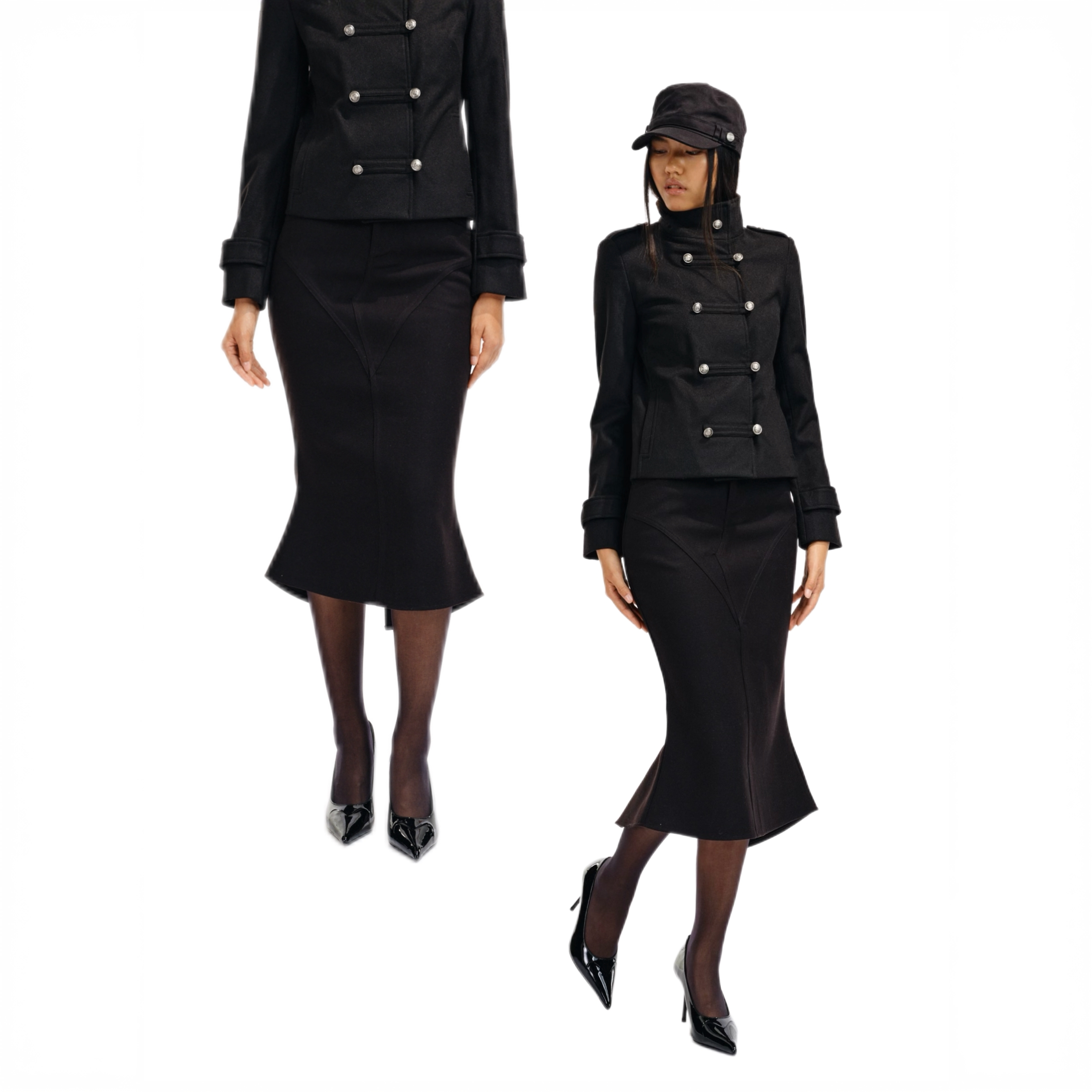 Two little guys*复古毛呢挺括后中开衩分割不规则下摆包臀鱼尾裙