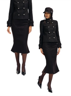 Two little guys*复古毛呢挺括后中开衩分割不规则下摆包臀鱼尾裙