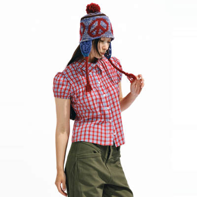 Two little guys*90.s胸前打褶修身短款泡泡短袖复古衬衫