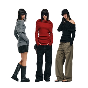 little 套指修身 guys 针织衫 一字肩打底半高领毛衣 高知感长袖 Two