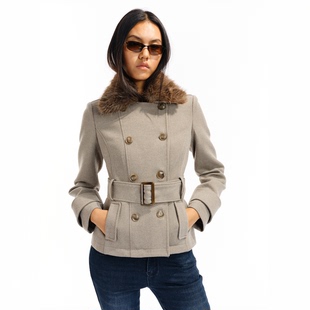 羊毛环保皮草翻领多穿法双排扣腰带短款 guys 毛呢外套 little Two