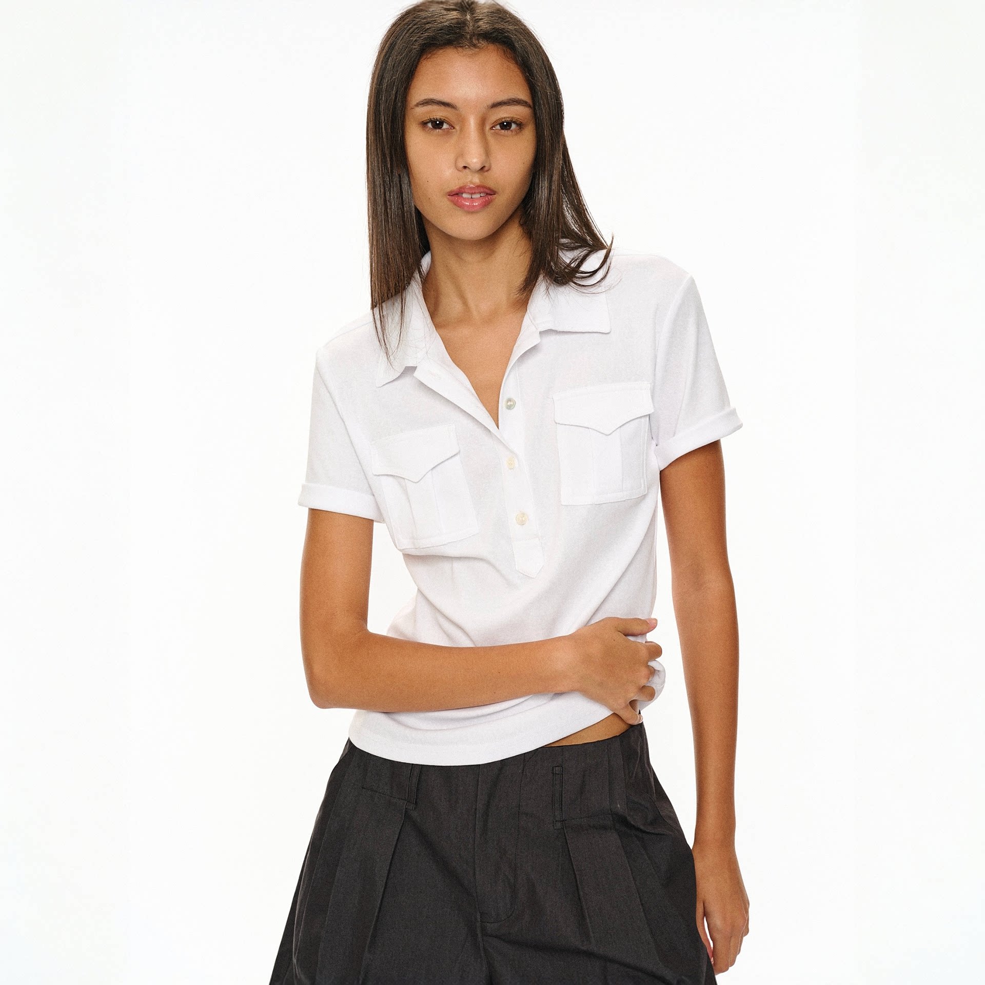 Two little guys*雪花捻感经典通勤双口袋卷袖POLO衬衫