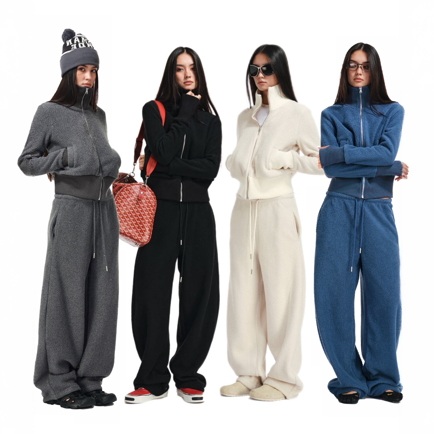 Two little guys*双面摇粒绒立领罗纹拼接上衣+香蕉裤保暖套装