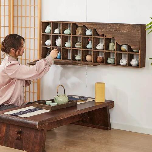 收尚格子架实木挂墙博古架中式多宝阁架子茶壶置物架展示架上墙
