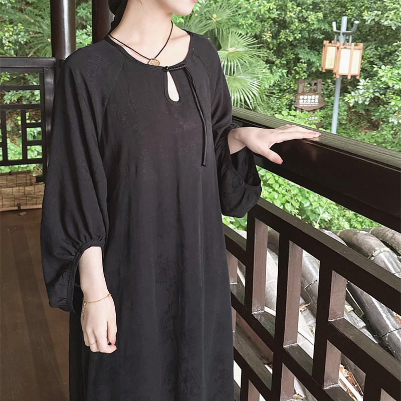 一眼万年石纹印花夏季棉绸新中式连衣裙中长裙低领改良旗袍复古女