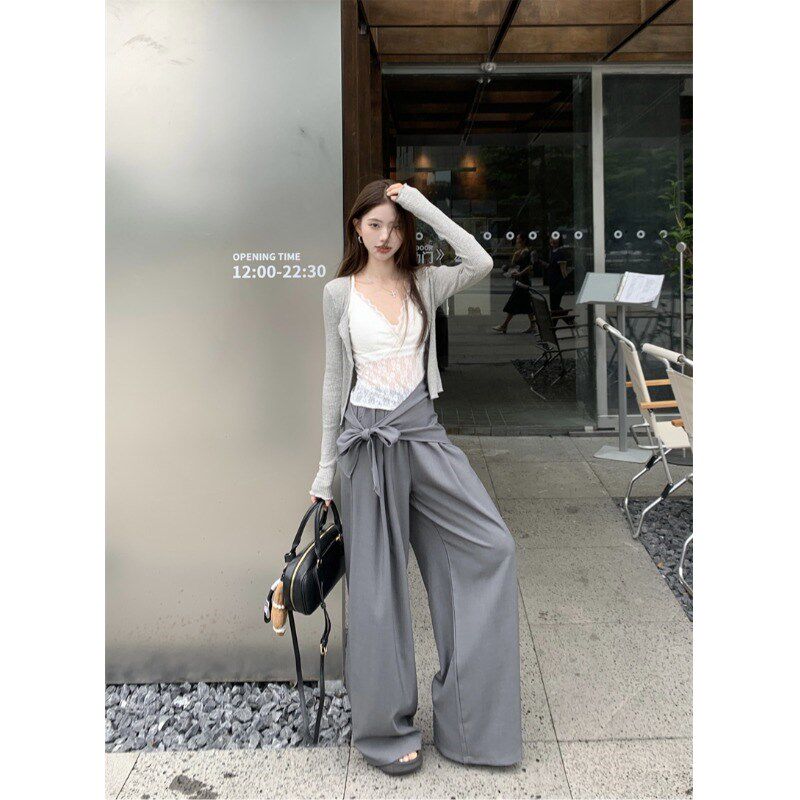 速发高级感套装灰色针q织开衫蕾丝内搭吊带上衣女秋季西装阔腿裤
