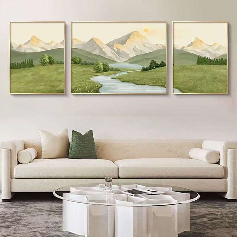 北欧客厅装饰画沙发背景墙挂画现代简约三联画高档绿色侘寂风油画图片