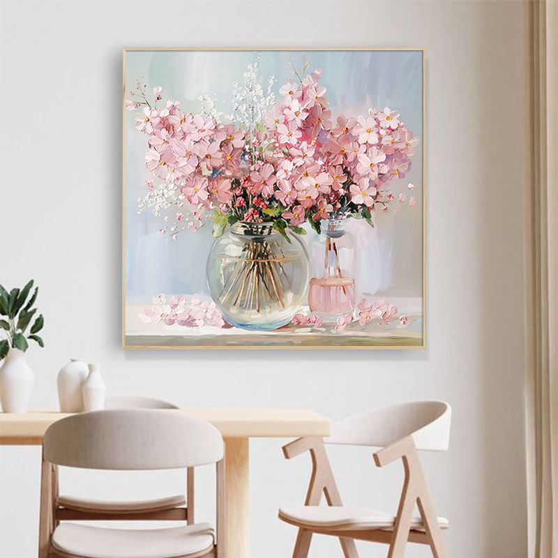 花卉奶油风餐厅挂画正方形大芬油画村手绘油画客厅装饰画玄关壁画图片